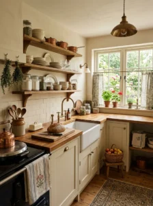 Cozy cottage kitchen with wooden shelves, farmhouse sink, soft neutral tones, and warm lighting