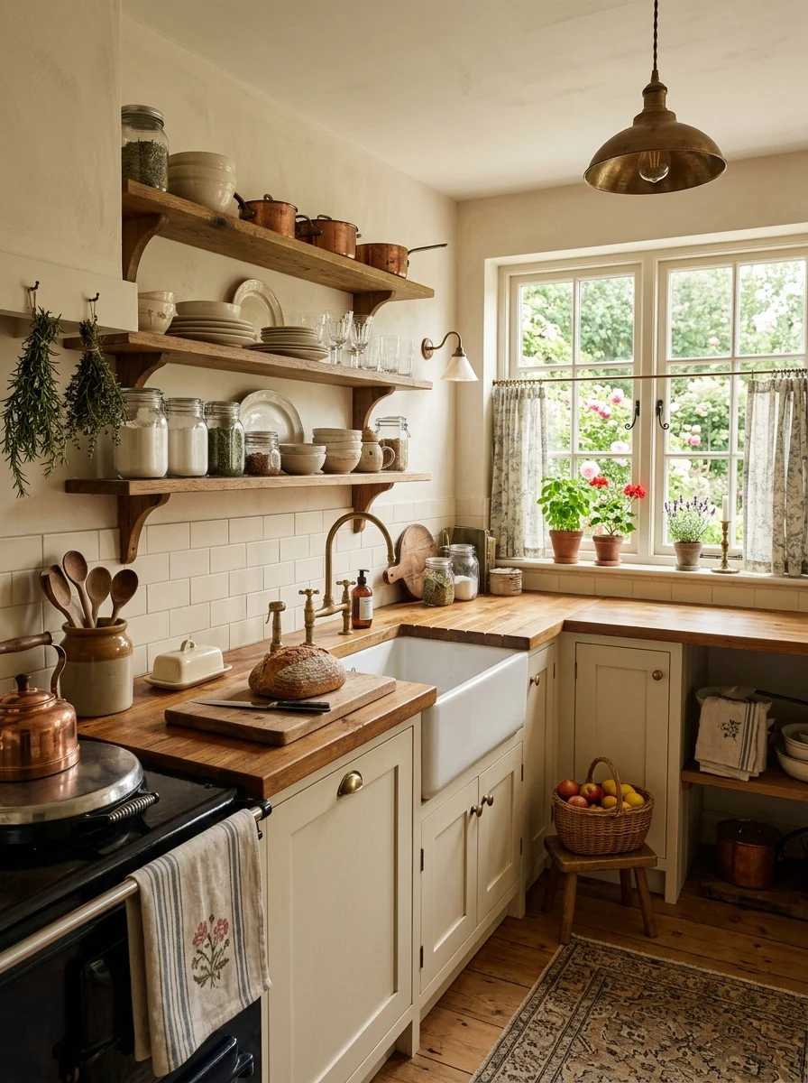 Cozy cottage kitchen with wooden shelves, farmhouse sink, soft neutral tones, and warm lighting