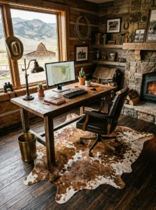 Cowhide rug adding texture to office