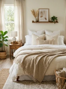 Layered neutral bedding with soft textures and cozy aesthetic bedroom decor