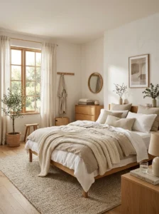 Cozy neutral bedroom with beige and white decor, layered bedding, soft linen curtains, warm sunlight, and minimal wooden furniture creating a calm aesthetic space