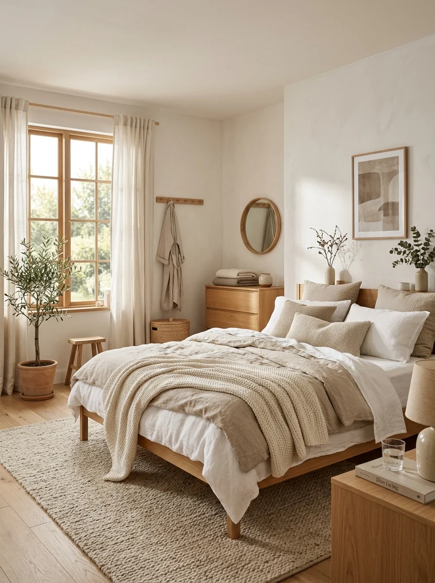Cozy neutral bedroom with beige and white decor, layered bedding, soft linen curtains, warm sunlight, and minimal wooden furniture creating a calm aesthetic space