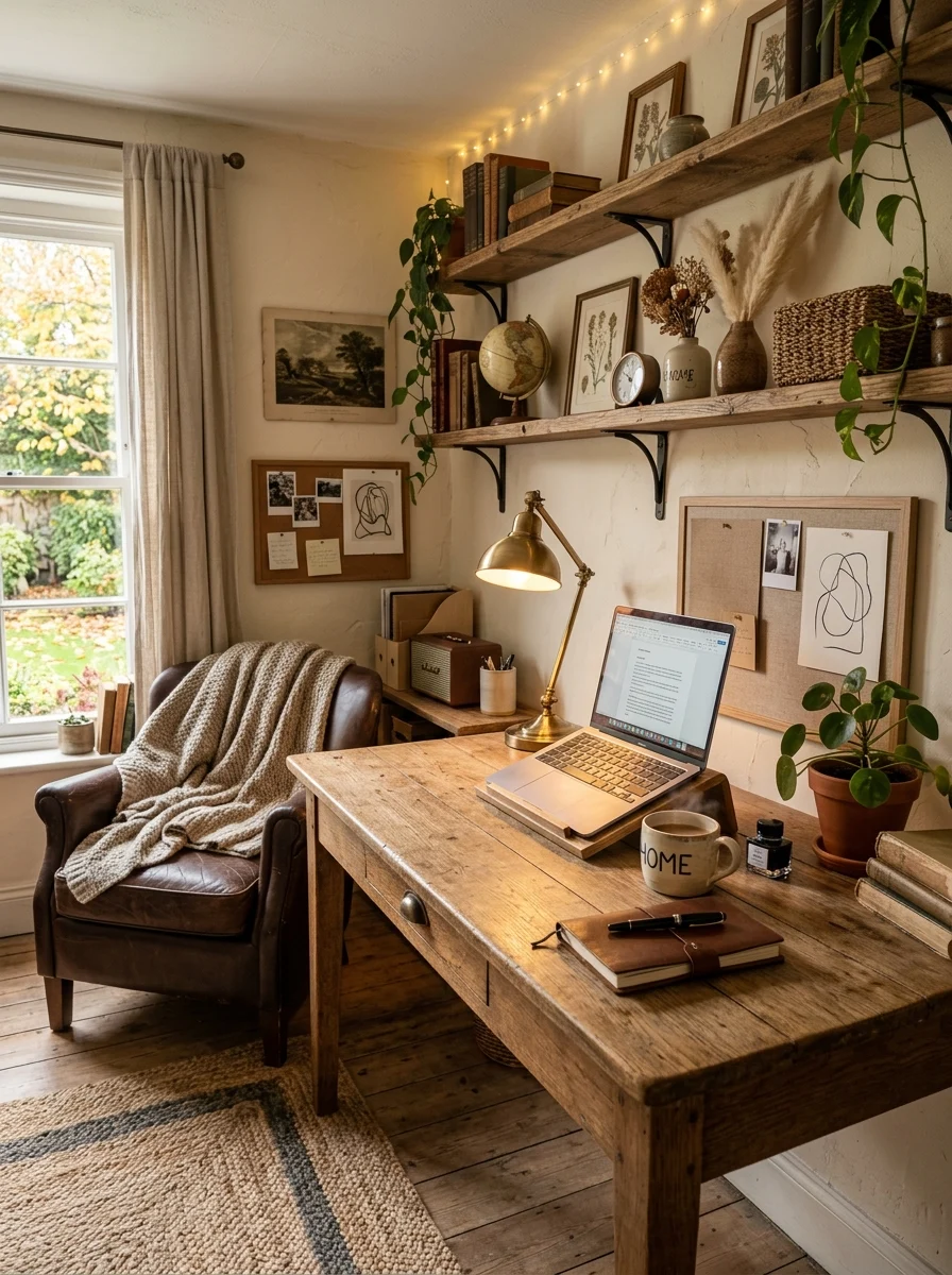 Rustic office workspace with wooden desk, warm lighting, plant, and cozy decor setup