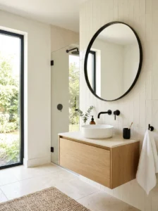 Minimal cream bathroom with black accents and modern style