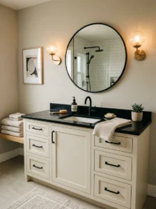 Cream vanity with black countertop in modern bathroom