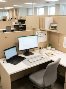 Neutral color theme creating calm office cubicle