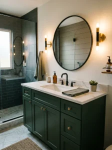 Dark green vanity bathroom with black mirror and white sink