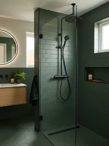 Dark sage tile bathroom with black shower fixtures