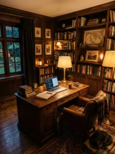 Warm lighting in dark wood office