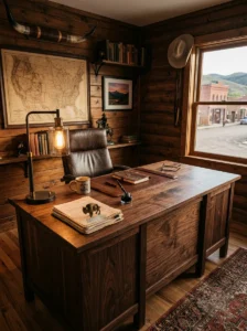 Dark wood desk creating classic western office look