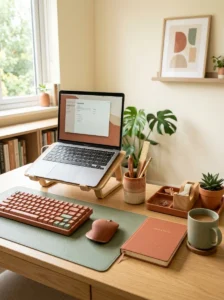 Matching desk accessories improving cubicle setup