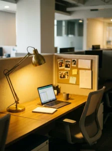Soft desk lamp adding comfort to cubicle setup