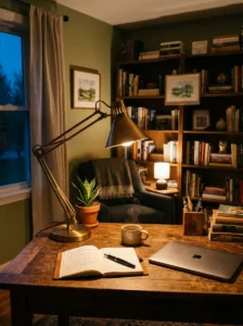 Warm lighting creating cozy western workspace