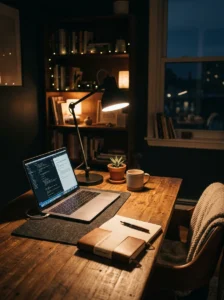 Elegant desk lighting creating warm office ambiance