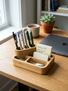 Desk organizer keeping cubicle workspace tidy