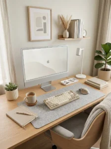 Neutral color palette creating calm desk environment