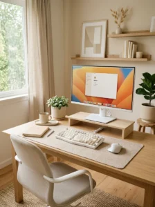 Neutral color palette creating calm desk environment