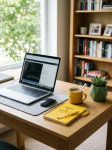 Accent color adding interest to desk
