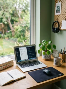 Small plant bringing life to home office desk