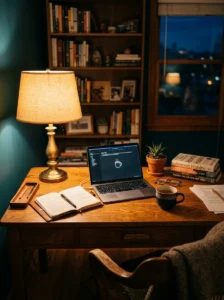 Warm desk lighting adding comfort to nurse office