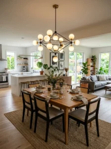 Statement light fixture defining dining area in open layout