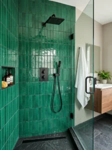 Green tile shower with black hardware modern bathroom design