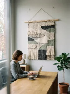Fabric wall hanging adding warmth to office