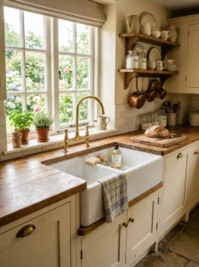Farmhouse sink as focal point in cottage kitchen