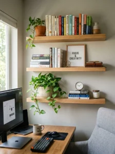 Floating shelves with decor in modern office wall setup