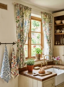 Soft floral textiles adding charm to cottage kitchen