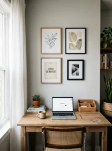 Minimal gallery wall adding personality to office workspace