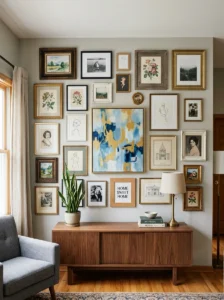 Mixed frame styles creating dynamic office wall decor