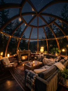 Soft lighting in glass dome living room