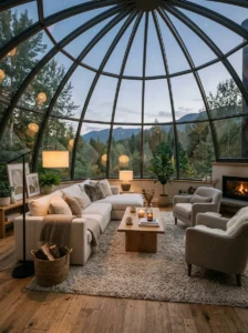 Cozy rug in glass dome living room