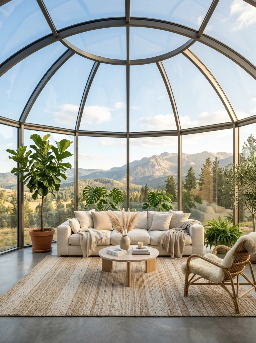 Glass dome living room with sky view and modern minimal design