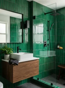 Glossy green tiles black fixtures bathroom
