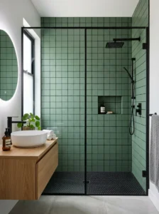 Green tiles with black grout bathroom