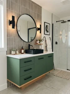 Green vanity with black hardware