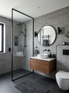 Grey walls black accents bathroom