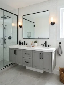 Grey vanity black hardware bathroom