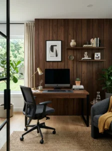 Dark wood panel wall office