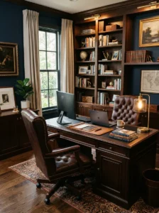Dark wood and leather office