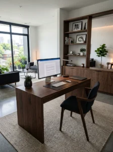 Open dark wood home office