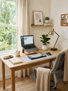 Clean and cozy home office setup with neutral decor, plant, lamp, and organized workspace