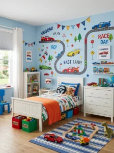 Car themed accent wall in boys bedroom
