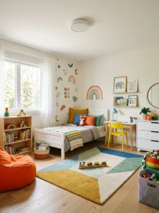 Neutral boys bedroom with colorful accents