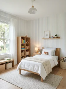 Striped walls in little boy bedroom