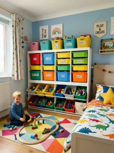 Open toy storage bins in boys room