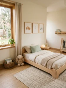 Low bed setup for little boy bedroom