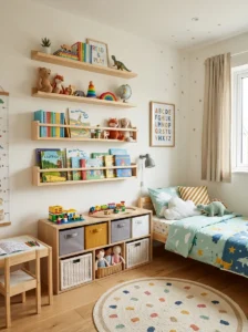 Floating shelves in boys bedroom